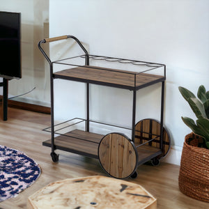 Homeroots Natural And Black Iron And Reclaimed Wood Rolling Bar Cart With Wine Storage   402575