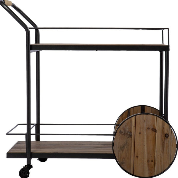 HomeRoots Natural Rolling Bar Cart with Reclaimed Wood Top, Wine Storage & Locking Wheels for Easy Mobility 402575