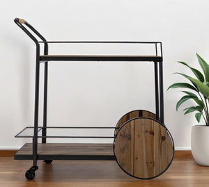 HomeRoots Natural Rolling Bar Cart with Reclaimed Wood Top, Wine Storage & Locking Wheels for Easy Mobility 402575