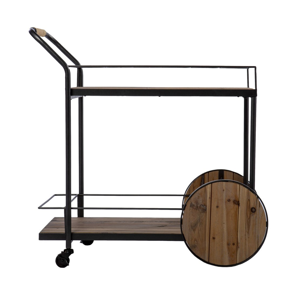 HomeRoots Natural Rolling Bar Cart with Reclaimed Wood Top, Wine Storage & Locking Wheels for Easy Mobility 402575