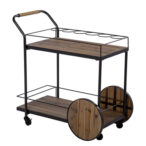 Homeroots Natural And Black Iron And Reclaimed Wood Rolling Bar Cart With Wine Storage   402575