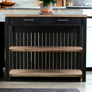 HomeRoots Black 44" Kitchen Island with Rustic Storage - Solid Acacia Wood, Drop Leaf, Multi-Purpose Design 402576