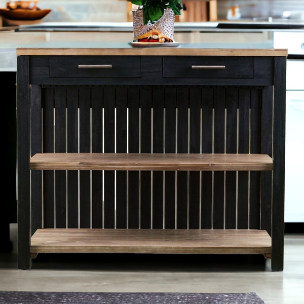 HomeRoots Black 44" Kitchen Island with Rustic Storage - Solid Acacia Wood, Drop Leaf, Multi-Purpose Design 402576