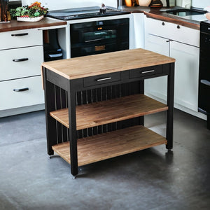 HomeRoots Black 44" Kitchen Island with Rustic Storage - Solid Acacia Wood, Drop Leaf, Multi-Purpose Design 402576