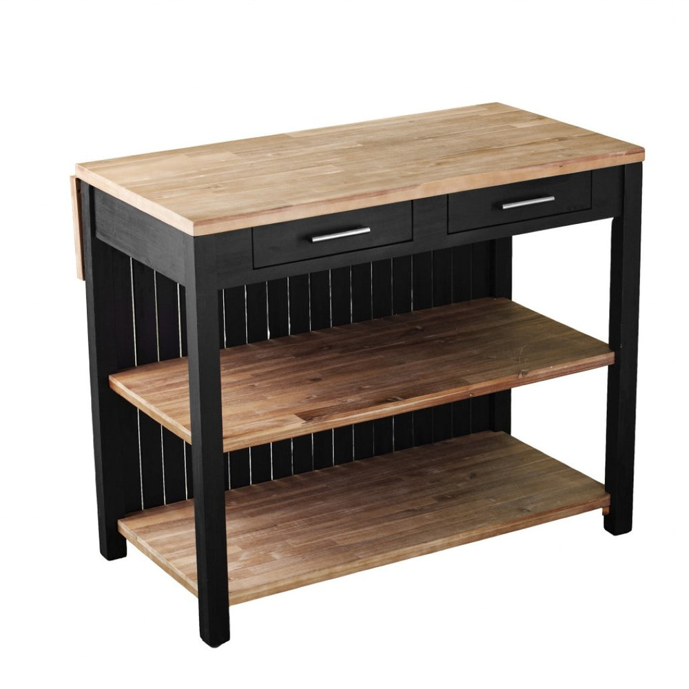 HomeRoots Black 44" Kitchen Island with Rustic Storage - Solid Acacia Wood, Drop Leaf, Multi-Purpose Design 402576