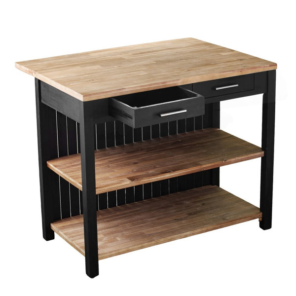HomeRoots Black 44" Kitchen Island with Rustic Storage - Solid Acacia Wood, Drop Leaf, Multi-Purpose Design 402576