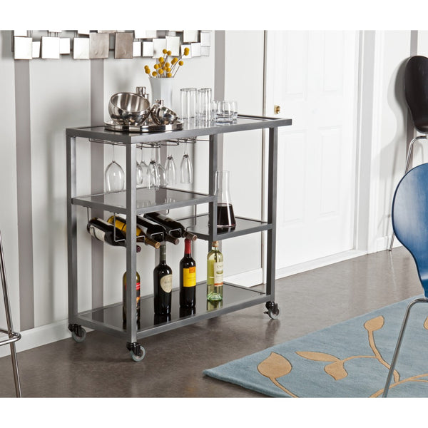 Homeroots Black And Gray Glass Rolling Bar Cart With Wine Storage   402577