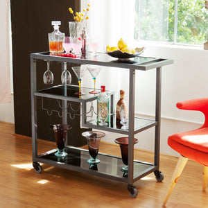 Homeroots Black And Gray Glass Rolling Bar Cart With Wine Storage   402577