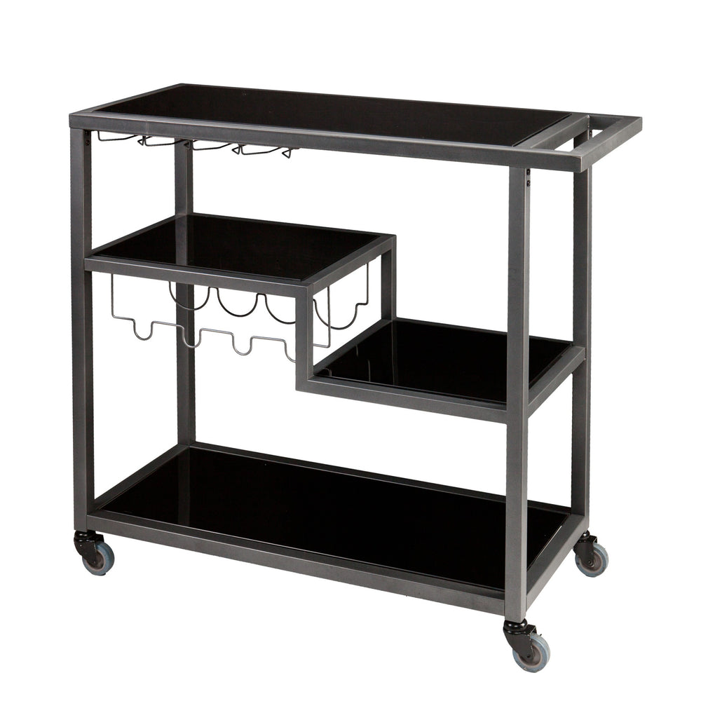 Homeroots Black And Gray Glass Rolling Bar Cart With Wine Storage   402577