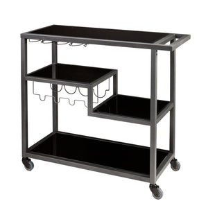 Homeroots Black And Gray Glass Rolling Bar Cart With Wine Storage   402577