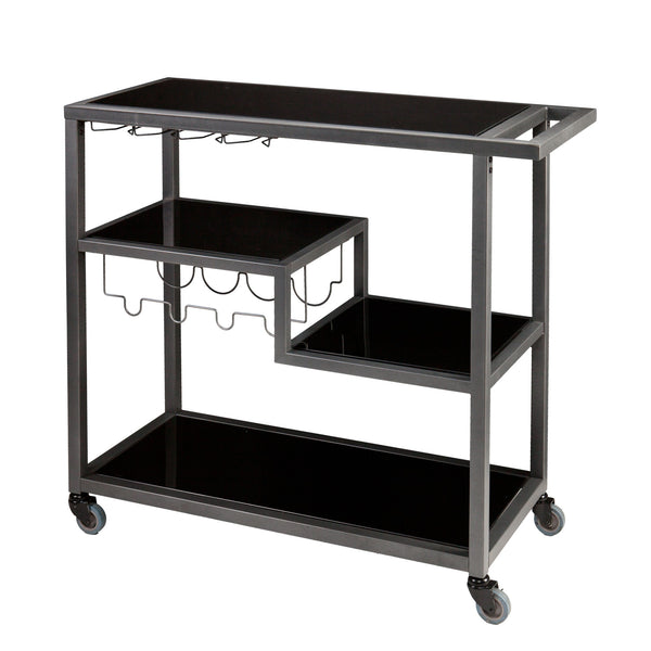 Homeroots Black And Gray Glass Rolling Bar Cart With Wine Storage   402577