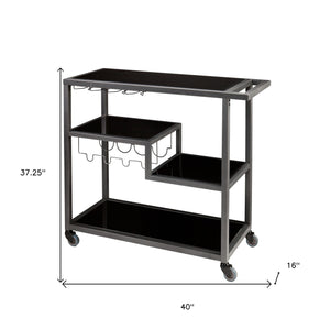 Homeroots Black And Gray Glass Rolling Bar Cart With Wine Storage   402577