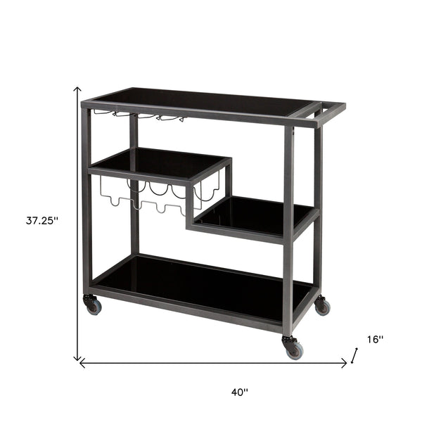 Homeroots Black And Gray Glass Rolling Bar Cart With Wine Storage   402577