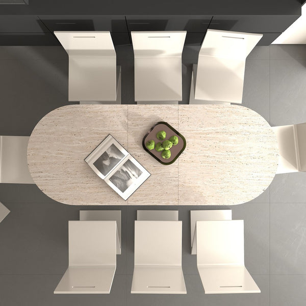 English Elm Kitchen extendable dining table with travertine-inspired melamine top, rounded edges, sturdy wooden base for family gatherings Beige W1347S00017