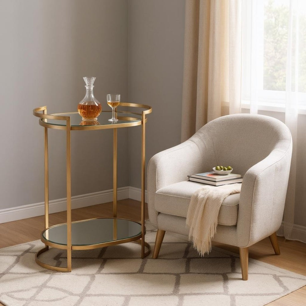 HomeRoots Gold Oval Bar Cart with Mirrored Glass Top - Luxe Iron Frame for Elegant Entertaining & Storage 402580