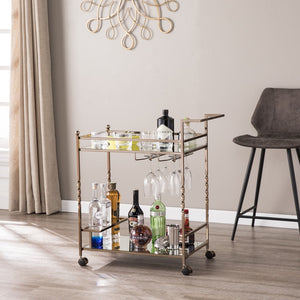 Homeroots Champagne Metal And Mirrored Glass Rolling Bar Cart With Wine Storage   402581