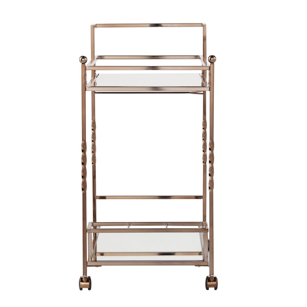 Homeroots Champagne Metal And Mirrored Glass Rolling Bar Cart With Wine Storage   402581