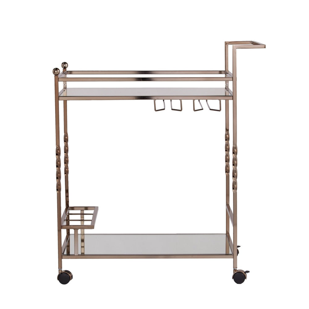 HomeRoots Champagne Metal Rolling Bar Cart with Mirrored Glass Top, Wine Storage & Smooth Mobility Features 402581