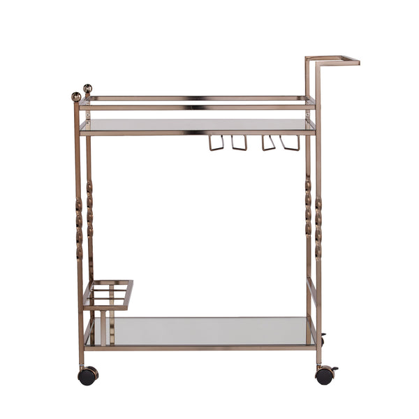Homeroots Champagne Metal And Mirrored Glass Rolling Bar Cart With Wine Storage   402581