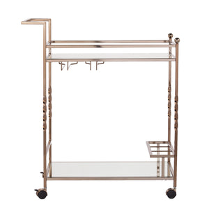 Homeroots Champagne Metal And Mirrored Glass Rolling Bar Cart With Wine Storage   402581