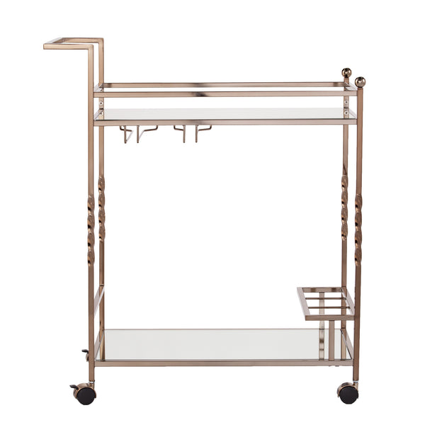 Homeroots Champagne Metal And Mirrored Glass Rolling Bar Cart With Wine Storage   402581