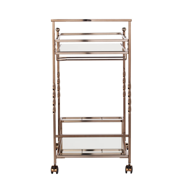 Homeroots Champagne Metal And Mirrored Glass Rolling Bar Cart With Wine Storage   402581