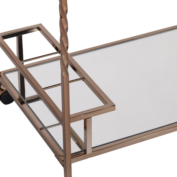 Homeroots Champagne Metal And Mirrored Glass Rolling Bar Cart With Wine Storage   402581