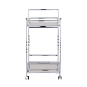 Homeroots Silver Metal And Mirrored Glass Rolling Bar Cart With Wine Storage   402582