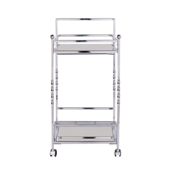 Homeroots Silver Metal And Mirrored Glass Rolling Bar Cart With Wine Storage   402582
