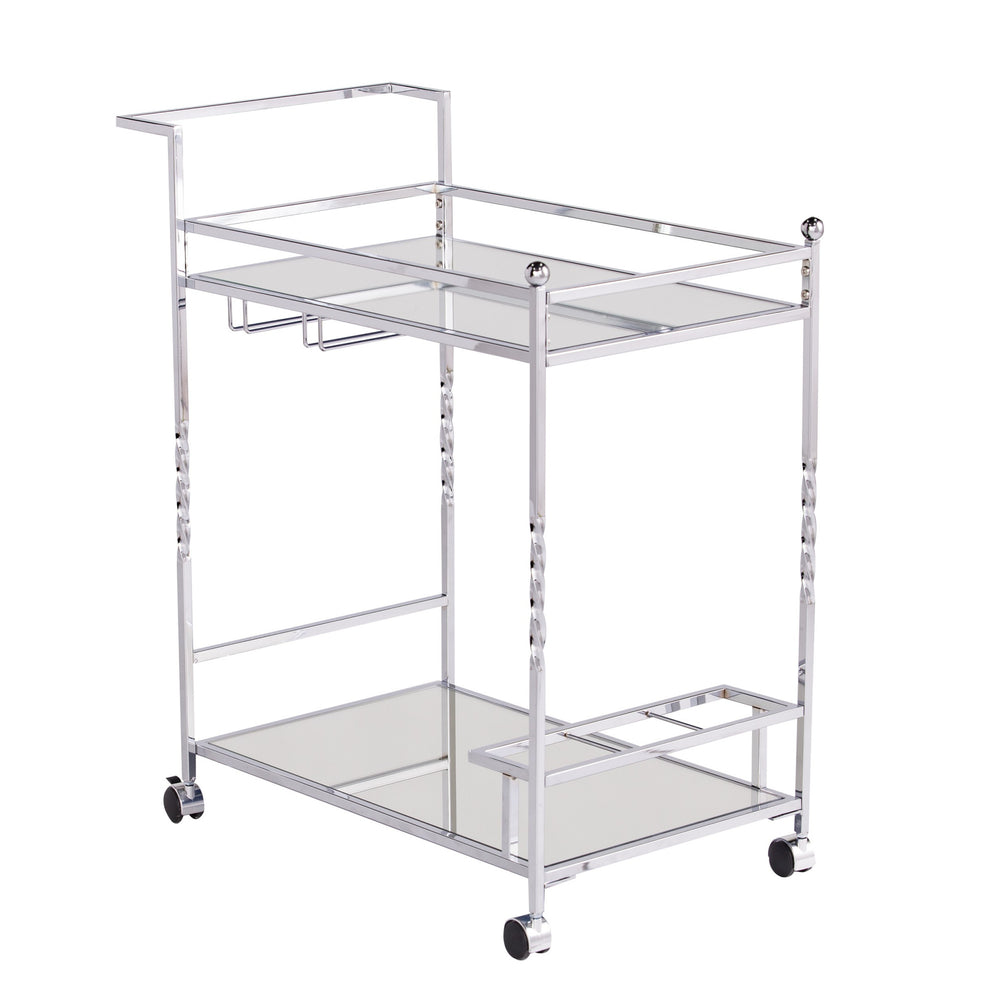 Homeroots Silver Metal And Mirrored Glass Rolling Bar Cart With Wine Storage   402582