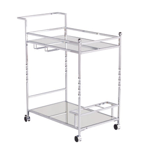 Homeroots Silver Metal And Mirrored Glass Rolling Bar Cart With Wine Storage   402582