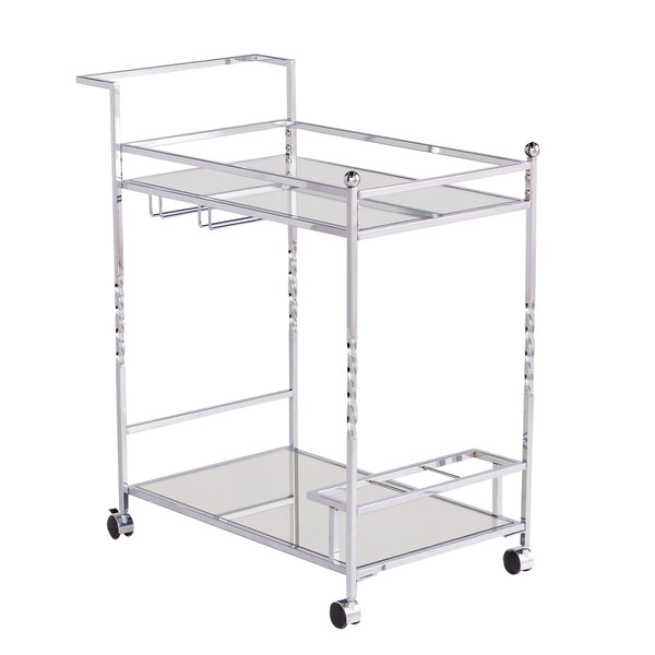 Homeroots Silver Metal And Mirrored Glass Rolling Bar Cart With Wine Storage   402582