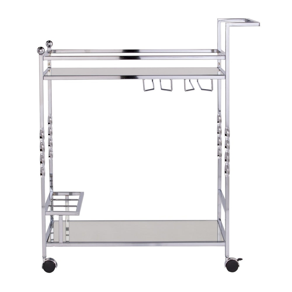 HomeRoots 29" Silver Metal Rolling Bar Cart with Mirrored Glass Shelves, Wine Storage & Smooth Mobility 402582