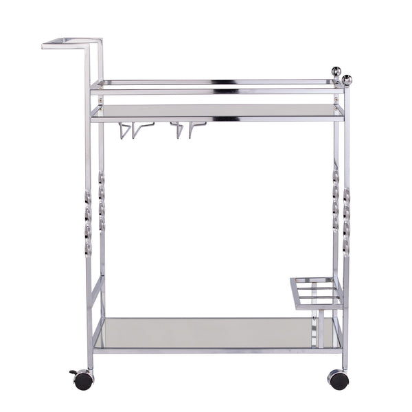 Homeroots Silver Metal And Mirrored Glass Rolling Bar Cart With Wine Storage   402582