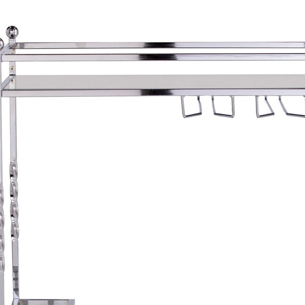 HomeRoots 29" Silver Metal Rolling Bar Cart with Mirrored Glass Shelves, Wine Storage & Smooth Mobility 402582