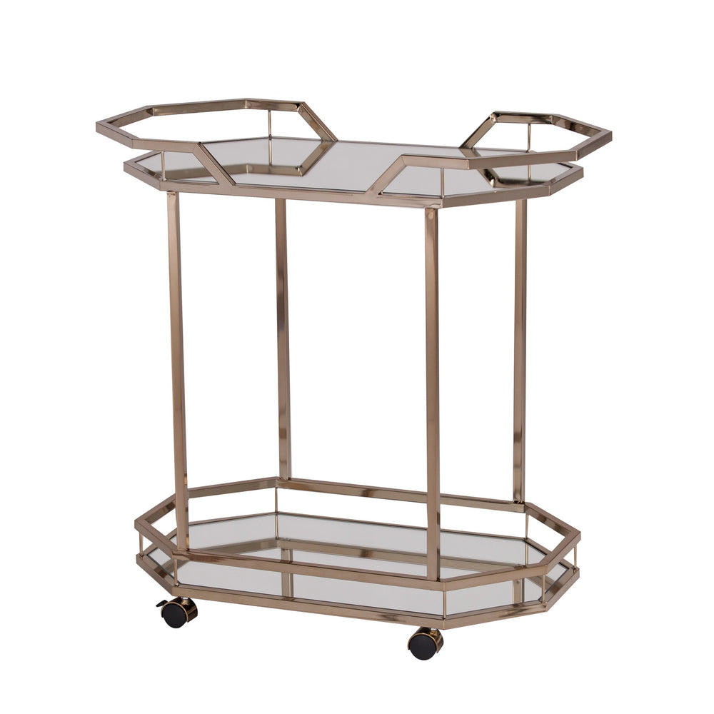 Homeroots Champagne Iron And Mirrored Glass Rolling Bar Cart   402583