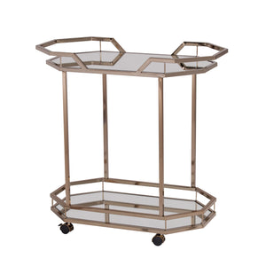 Homeroots Champagne Iron And Mirrored Glass Rolling Bar Cart   402583