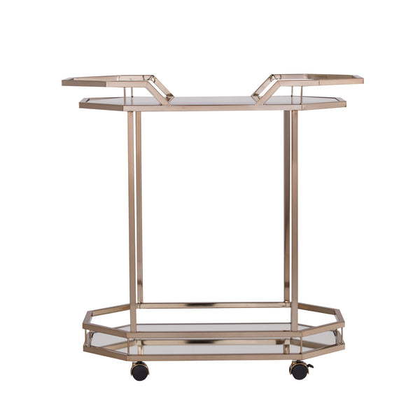 Homeroots Champagne Iron And Mirrored Glass Rolling Bar Cart   402583