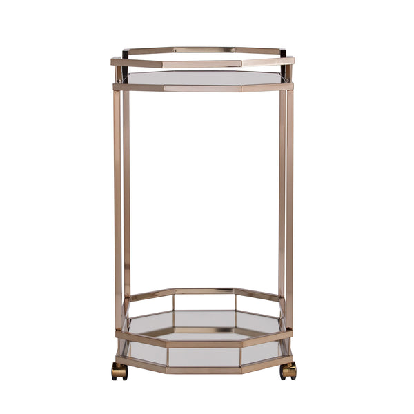 Homeroots Champagne Iron And Mirrored Glass Rolling Bar Cart   402583