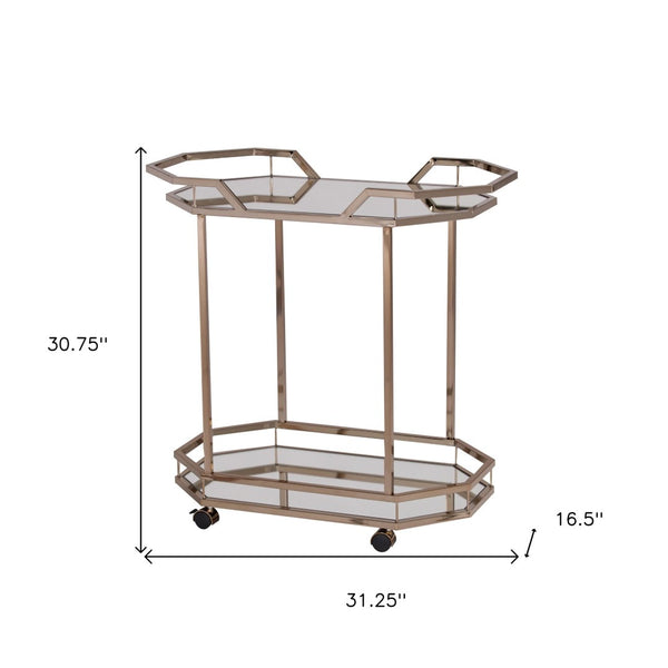 HomeRoots 31" Chic Octagonal Rolling Bar Cart - Champagne Iron Frame & Mirrored Glass for Elegant Entertaining 402583