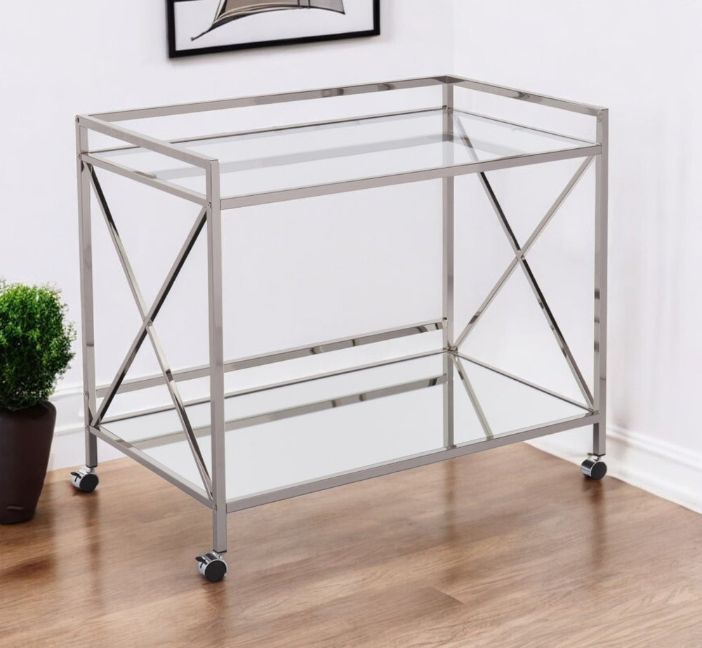 HomeRoots 39" Silver Metal and Glass Rolling Bar Cart - Stylish Two-Tier Beverage Station with Smooth Mobility 402584
