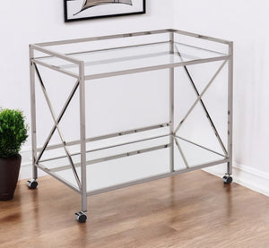 HomeRoots 39" Silver Metal and Glass Rolling Bar Cart - Stylish Two-Tier Beverage Station with Smooth Mobility 402584