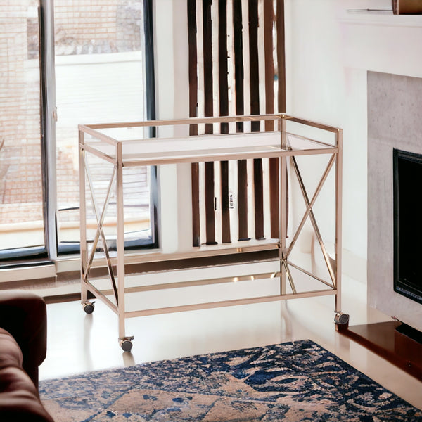 Homeroots Gold Metal And Glass Rolling Bar Cart   402585