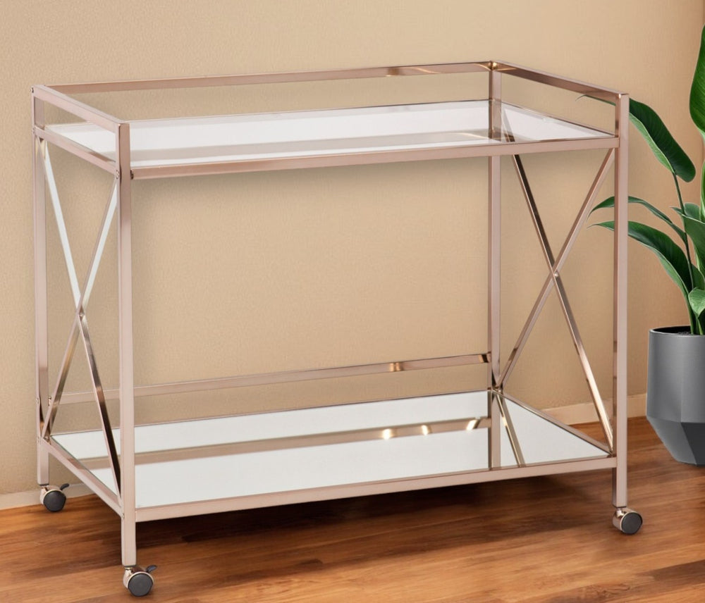 HomeRoots Gold Metal and Glass Rolling Bar Cart - Glamorous Mobile Entertaining Solution for Modern Homes 402585