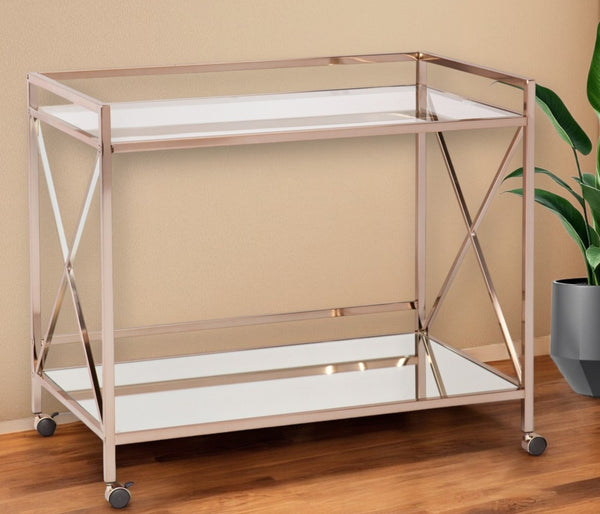 HomeRoots Gold Metal and Glass Rolling Bar Cart - Glamorous Mobile Entertaining Solution for Modern Homes 402585
