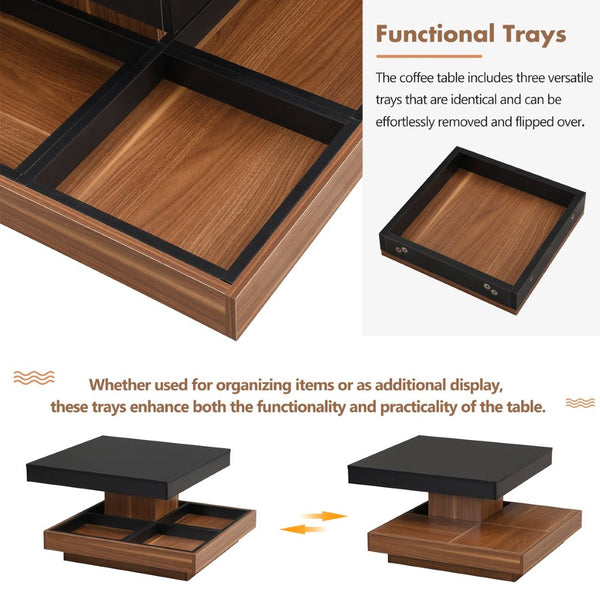 English Elm On-Trend Modern Square 360° Rotating Coffee Table With 3 Detachable Trays & Storage For Living Room N721P191981B-GIGA