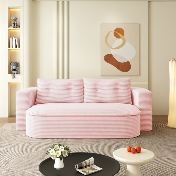 English Elm 78.7" Plush Corduroy Convertible Sleeper Sofa with Tufted Back and Foldable Floor Bed Baby Pink W3219P410144