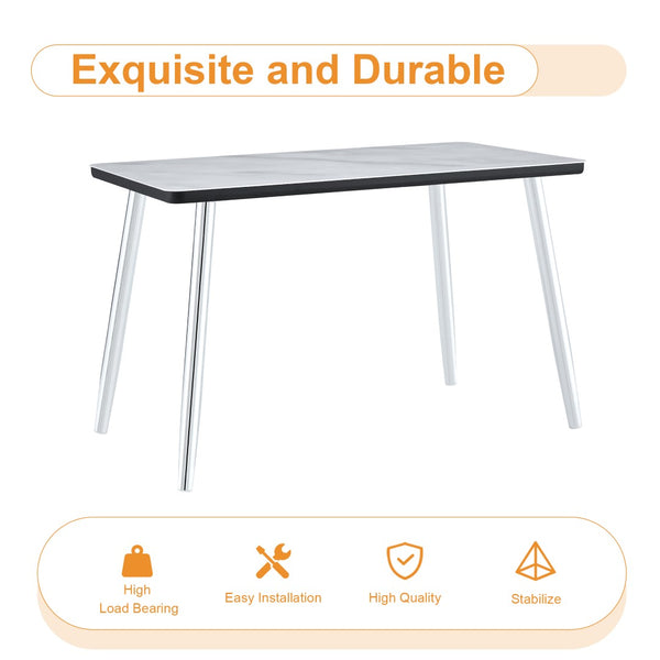 English Elm Table and Chair Set Marble Glass Top Silver Legs White Pu Seating for Modern Dining W1151S04646
