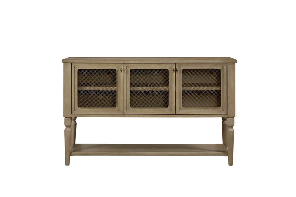 English Elm Sever Solid Wood Sideboard with Metal Mesh Doors, Open Shelf & Turned Legs for Stylish Storage Light Tan 65.5 L x 22.25 W x 26 H B2699P383828