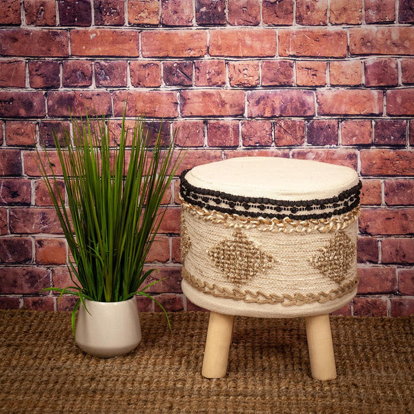 Homeroots 16" Beige Jute And Brown Round Abstract Ottoman   402695